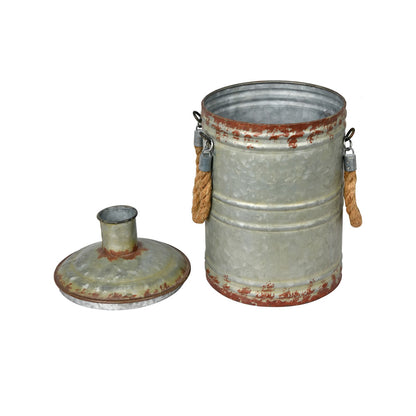 Vickerman 13.5" Rustic Metal Container with Handles. This metal container is the perfect addition to any modern farm style decor. This rustic piece is the perfect addition to any table top setting. It measures 13.5" H x 7.75" L x 8.25" W.   90% METAL 10%