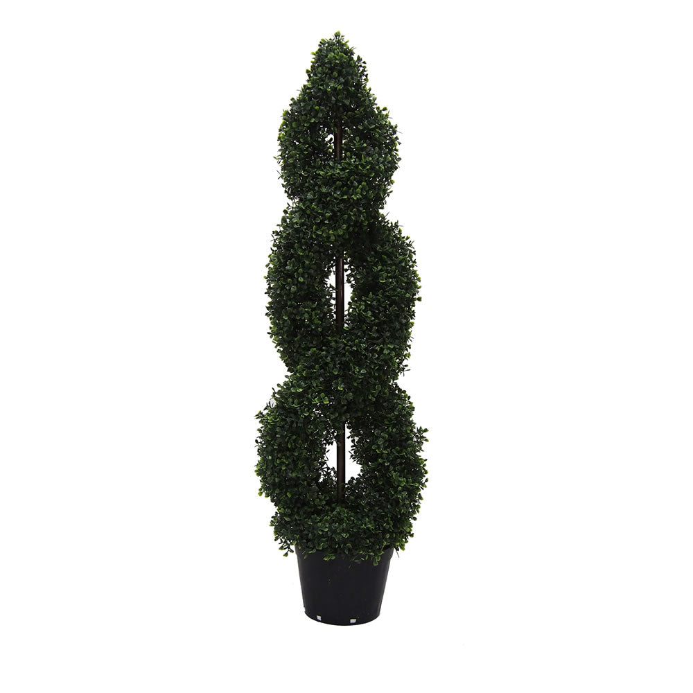 Vickerman 4' Artificial Green Boxwood Double Spiral Topiary Black Plastic Pot.