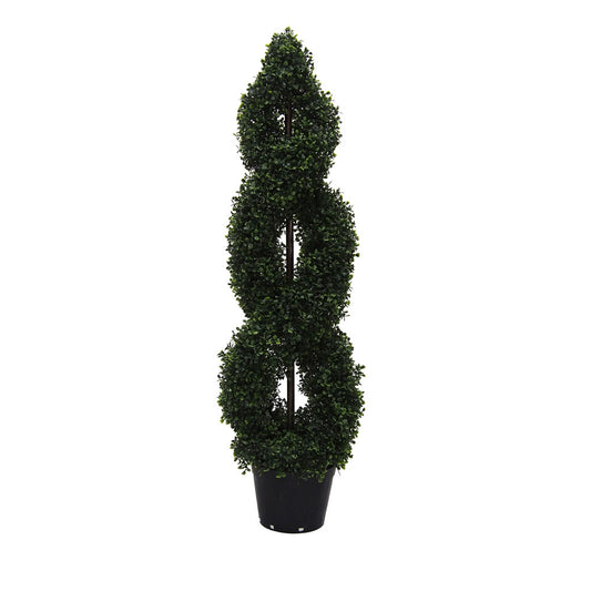 Vickerman 4' Artificial Green Boxwood Double Spiral Topiary Black Plastic Pot.