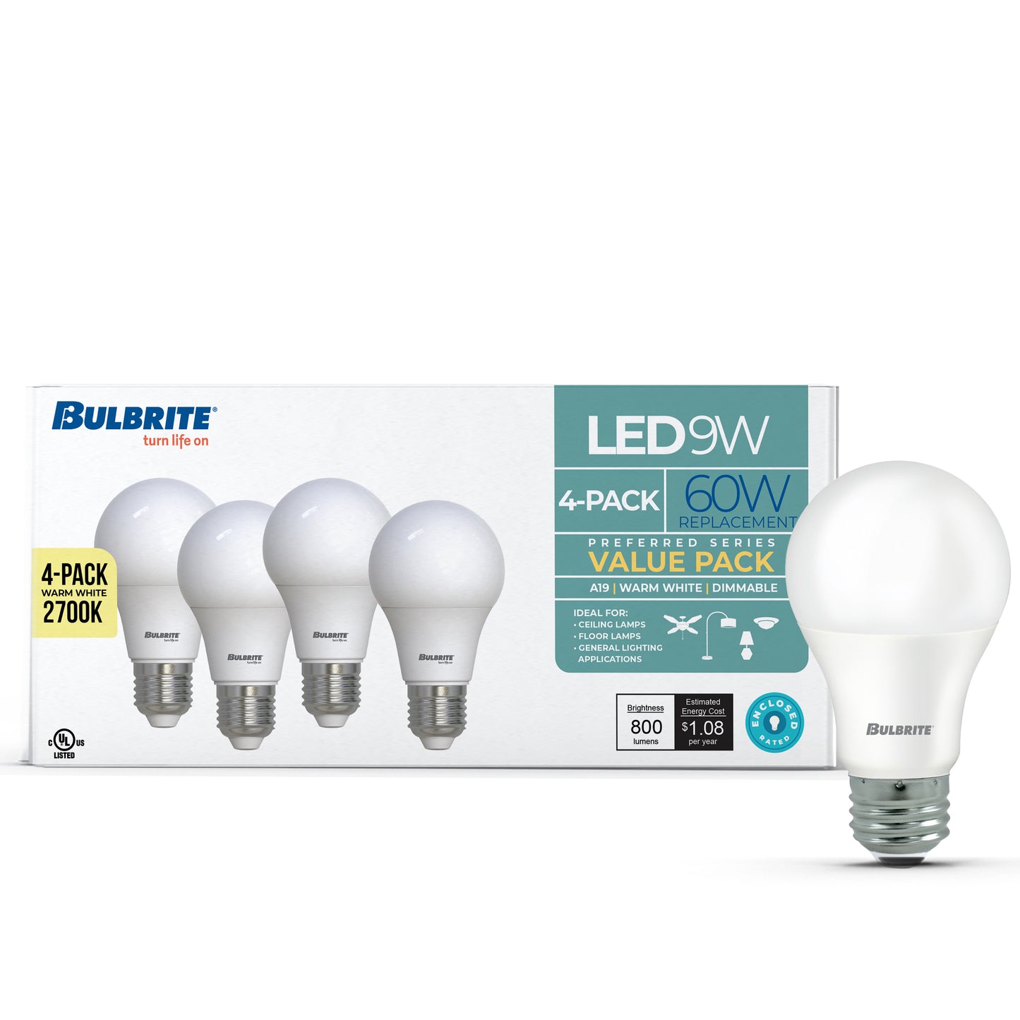 Bulbrite 774253 9W LED A19 60W EQUIV PREFERRED DIMMABLE 2700K E26 120V - 4PK