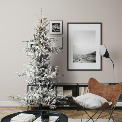 Vickerman 7.5' x 57" Flocked Yukon Display Artificial Christmas Tree with Warm White LED Lights.