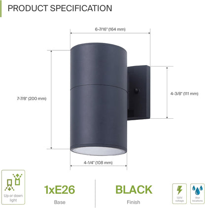 ASD Lighting BULB Round Outdoor Wall Cylinder, Up Or Downlight Fixture, 120V, 6.44Wide, 50°, 60W Max, Black Finish, 2 Pack