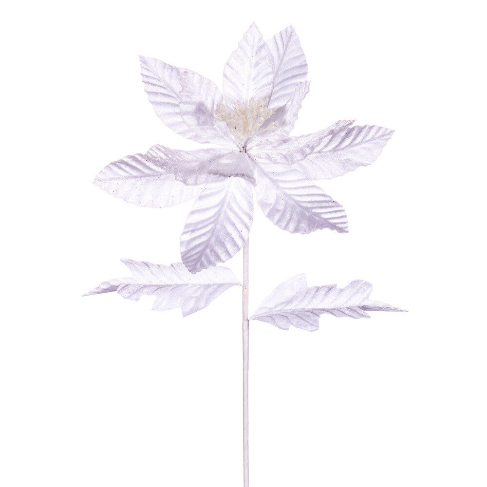 Vickerman 22" White Velvet Glitter Trim Poinsettia 6 per bag.