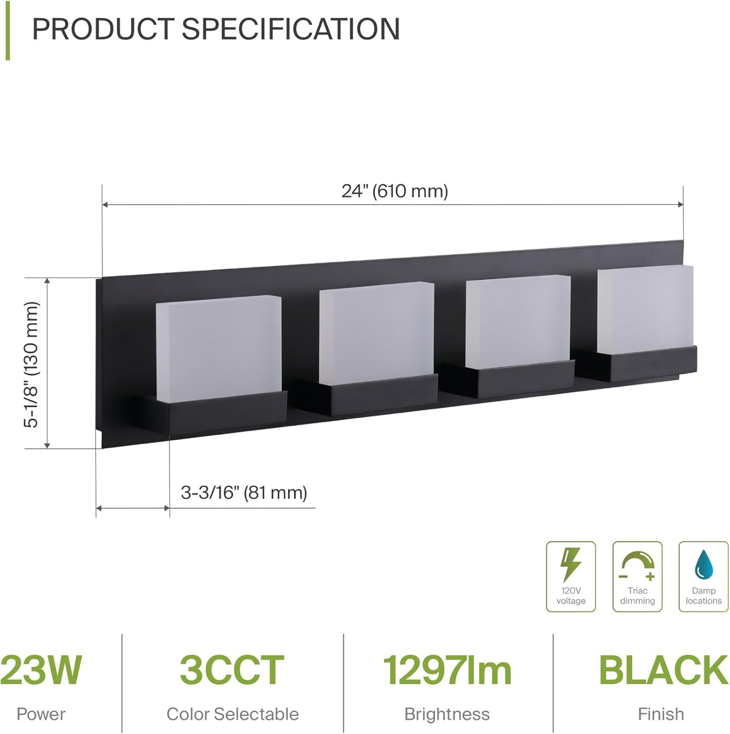 ASD Lighting LED Vanity 4-light 23W 120V Triac 3000/4000/5000K Black ETL
