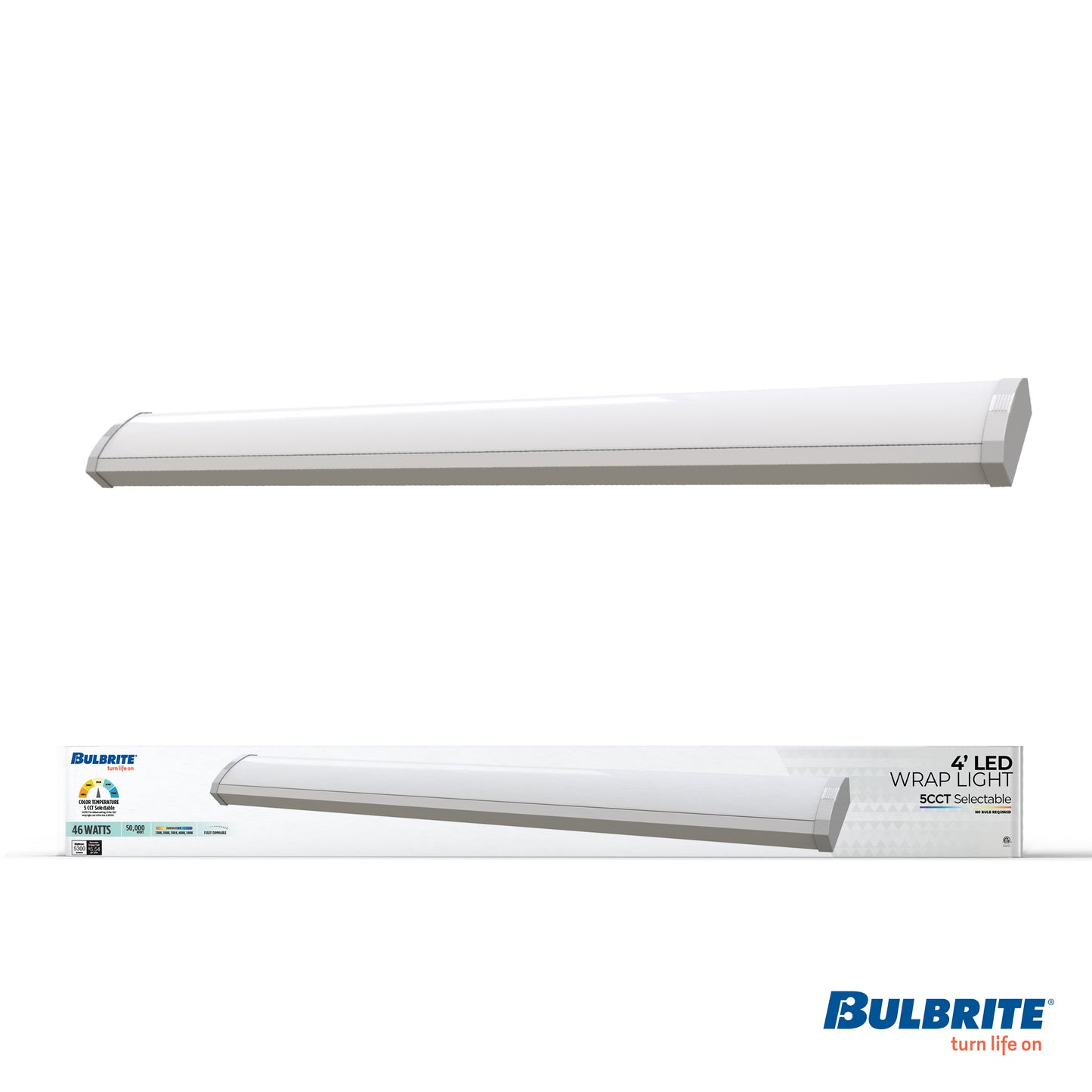 Bulbrite 773507 4 ft. Integrated 5 Color Selectable LED Dimmable Wraparound Light W/ Battery Backup (120-277v), 5300 Lumens, White