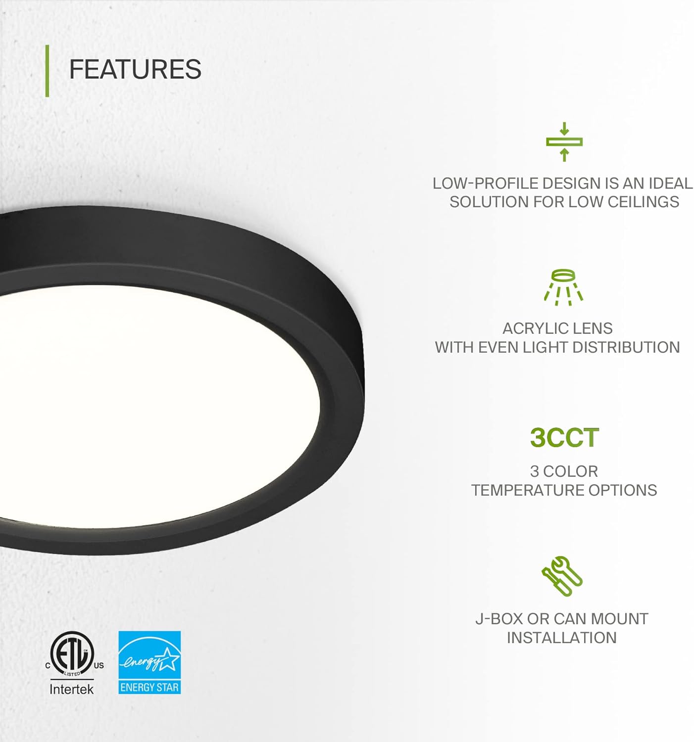 ASD Lighting LED Round Surface Mini Panel 5" 10W 120V CCT Selectable 3000/4000/5000K Dimmable Black ETL Energy Star 6pack