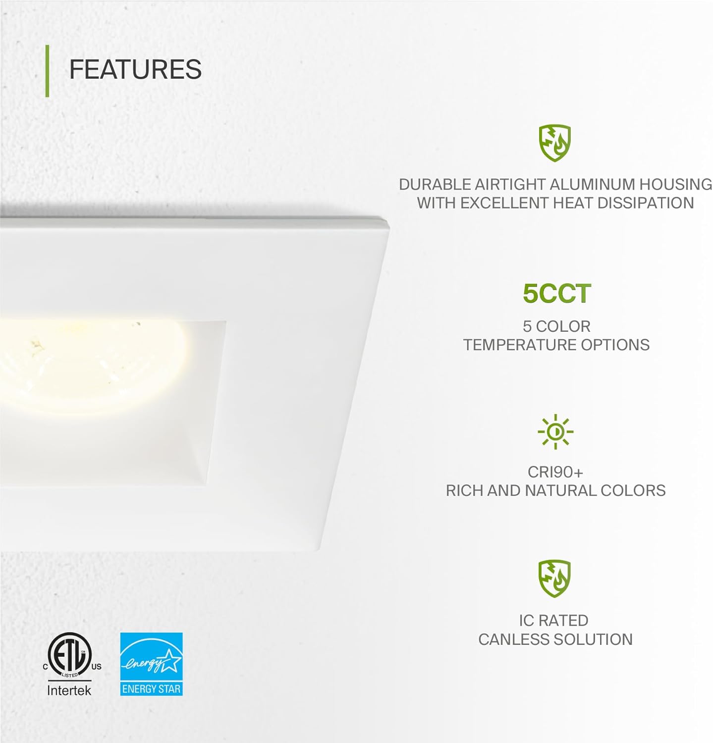 ASD Lighting LED Downlight Square 2inch 15W 120V Triac 2700/3000/3500/4000/5000K White ETL Energy Star