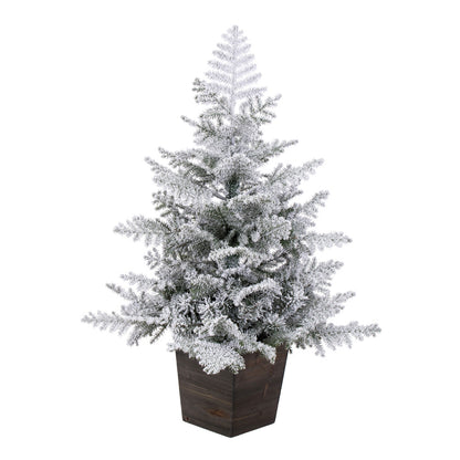 Vickerman 3' x 25" Potted Snowy Rosemary Pine Artificial Unlit Christmas Tree Wood Container