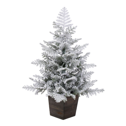 Vickerman 3' x 25" Potted Snowy Rosemary Pine Artificial Unlit Christmas Tree Wood Container