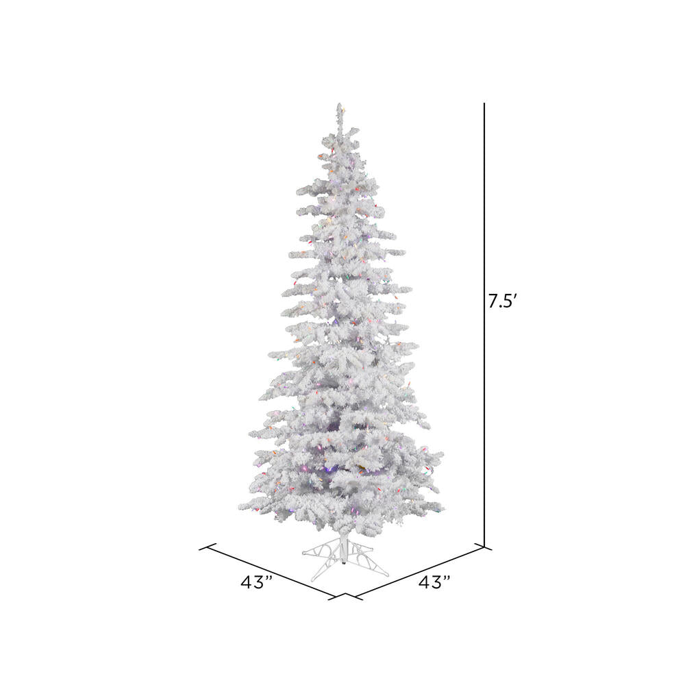 Vickerman 7.5' Flocked White Slim Artificial Christmas Tree Multi-Colored LED Lights