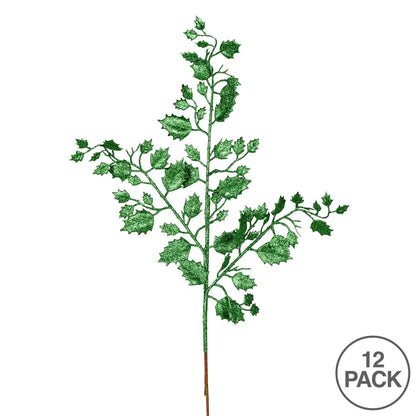 Vickerman 27" Green Glitter Holly Leaf Artificial Christmas Spray. Includes 12 sprays per pack.