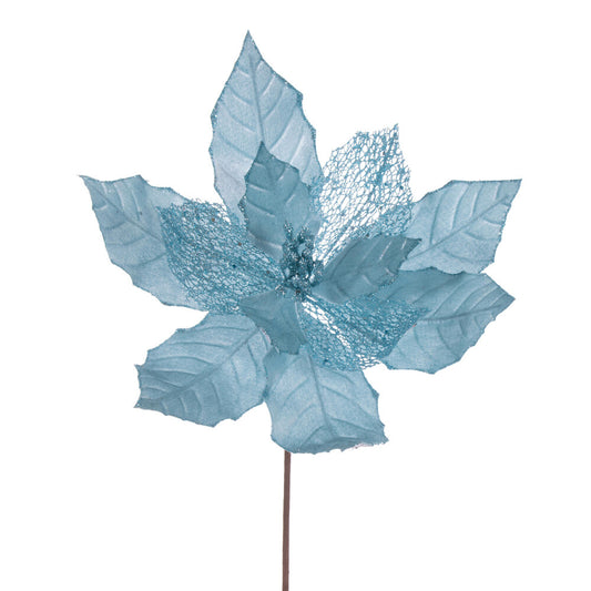 Vickerman 11" Baby Blue Velvet and Glitter Mesh Poinsettia Flower on Stem 6 per bag.