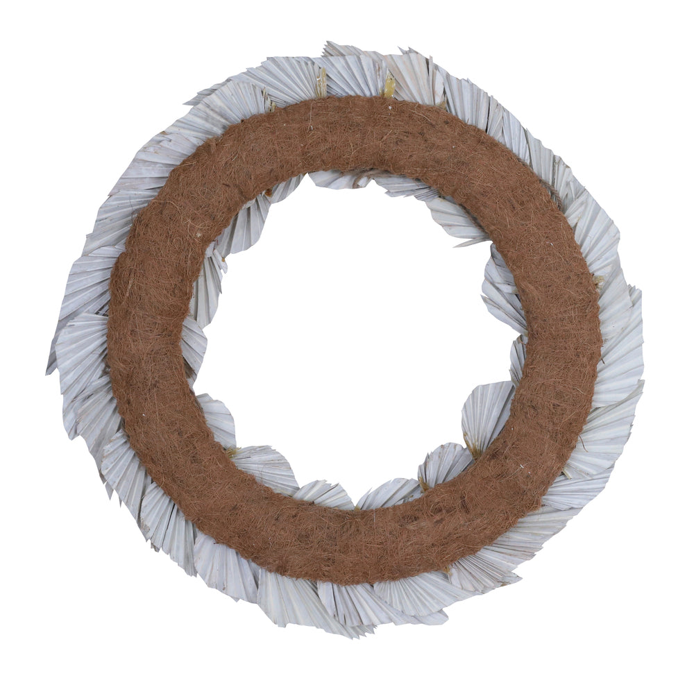Vickerman Natural Botanicals 24" White Washed Palm Spear Wreath. This wreath measures 24 inches in diameter. It features white washed palm spear leaves on a coco fiber base. This is a dried and preserved natural product.