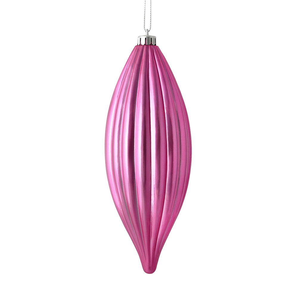 Vickerman 8" Pink Shiny Line Finial 4/Bag. This ornament features a straight line design that will add texture to any holiday decorating project. Includes 4 pieces per bag.