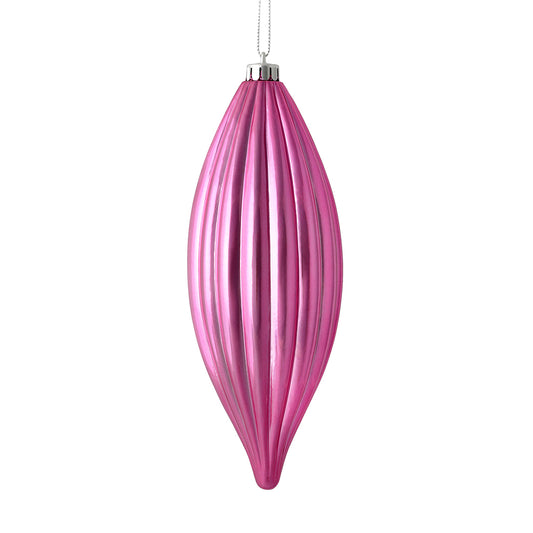 Vickerman 8" Pink Shiny Line Finial 4/Bag. This ornament features a straight line design that will add texture to any holiday decorating project. Includes 4 pieces per bag.