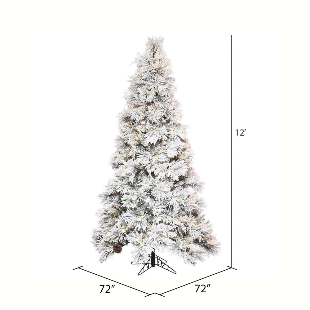 Vickerman 12' x 72" Flocked Atka Slim Artificial Christmas Tree Warm White LED lights.