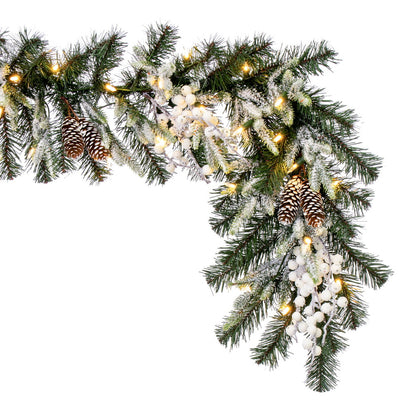 Vickerman 6' x 14" Frosted Berry Mixed Pine Cone Artificial Pre-Lit Garland Warm White LED Lights.