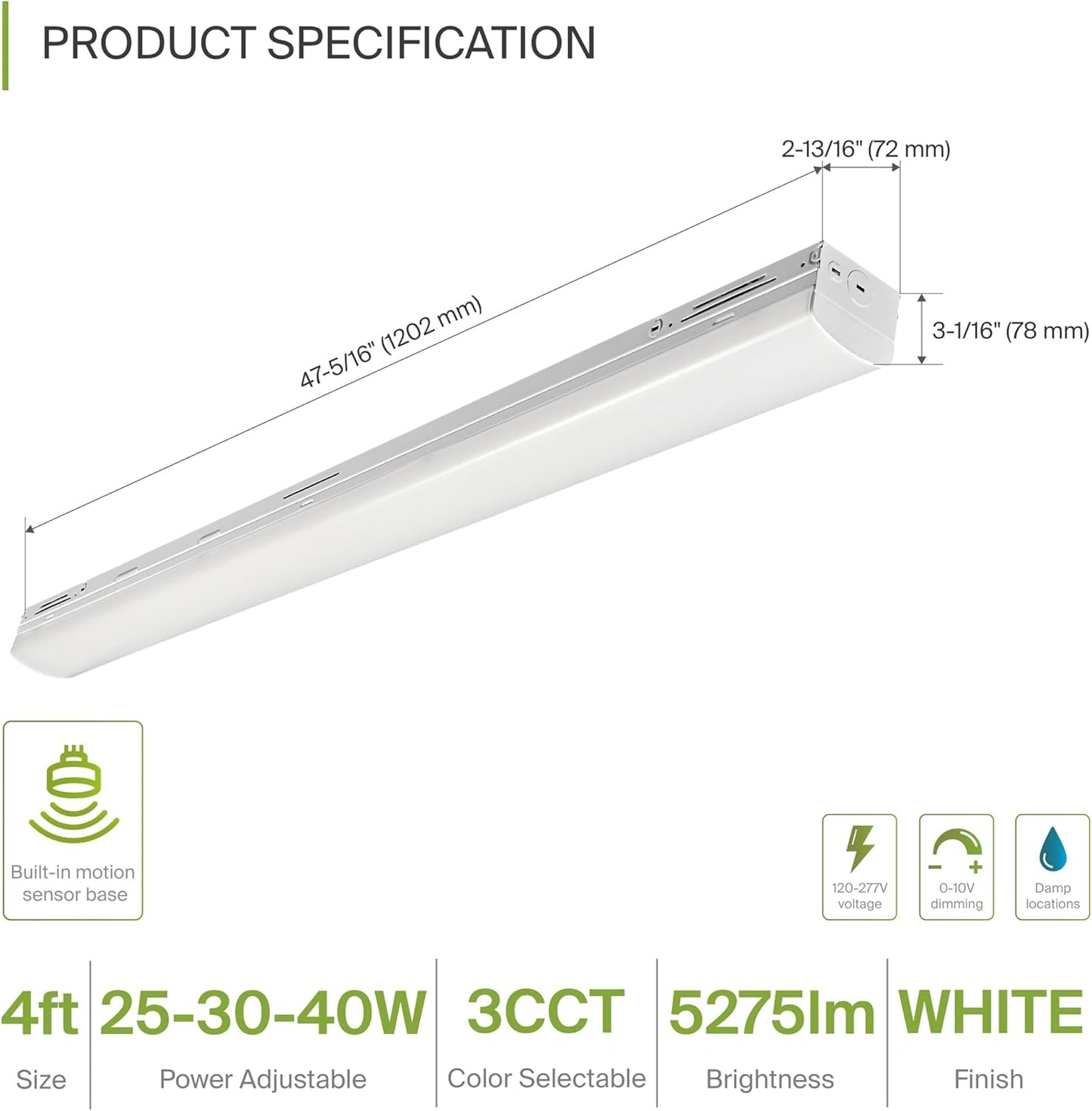 ASD Lighting LED Stairwell Fixture with Q-base 4feet Power Adjustable 25/30/40W 120-277V CCT Selectable 3500/4000/5000K Dimmable White UL DLC Premium