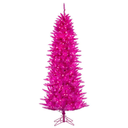 Vickerman 4.5' x 24" Hot Pink Artificial Pre-Lit Christmas Tree with 250 Pink LED Mini Lights, 437 Realistic PVC Tips, 6' Step On/Off Power Cord and Folding Metal Tree Stand.  Assembly is required.