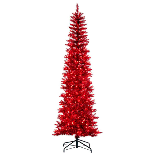 Vickerman 6.5' x 28 Red Tinsel Pencil Artificial Pre-Lit Christmas Tree with 400 Dura-Lit® Red LED Mini Lights. It measures 78 inches tall, and 28 inches wide, which is considered a pencil profile. This tree boasts 712 tips for a realistic look. Pre-lit w