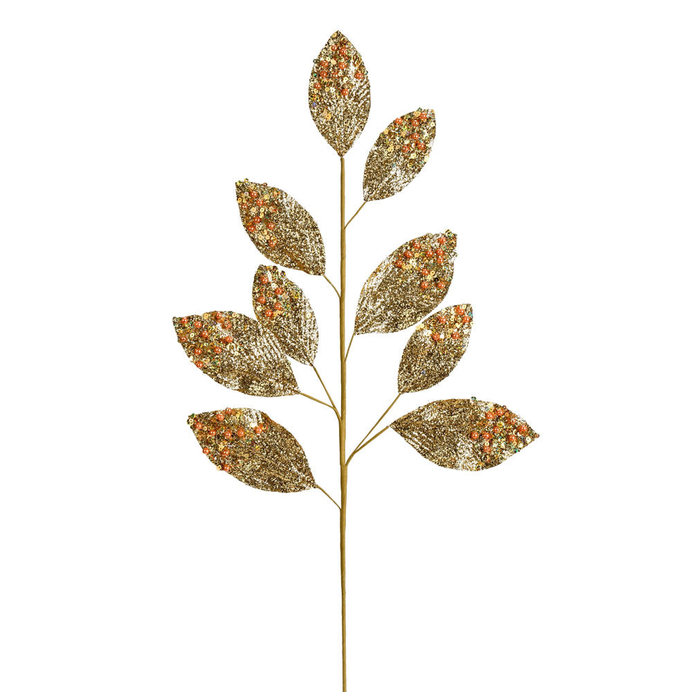 Vickerman 29" Gold Glitter Leaf Artificial Christmas Spray. Includes 6 sprays per pack.