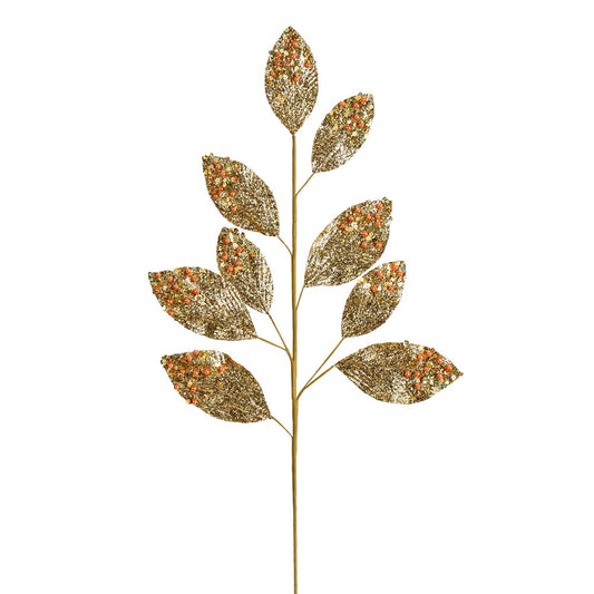 Vickerman 29" Gold Glitter Leaf Artificial Christmas Spray. Includes 6 sprays per pack.