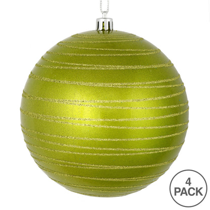 Vickerman 4.75" Lime Candy Finish Ball Ornament with Glitter Lines 4 per Bag