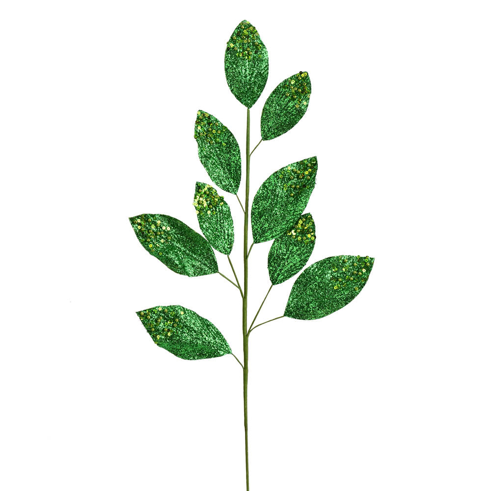 Vickerman 29" Green Glitter Leaf Artificial Christmas Spray. Includes 6 sprays per pack.