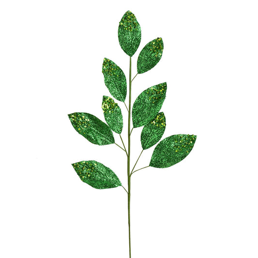 Vickerman 29" Green Glitter Leaf Artificial Christmas Spray. Includes 6 sprays per pack.
