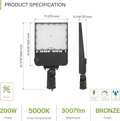 ASD Lighting LED Area Light 200W 120-277V 0-10V Dimmable 150Lm/W 5000K with Photocell Bronze UL DLC Premium