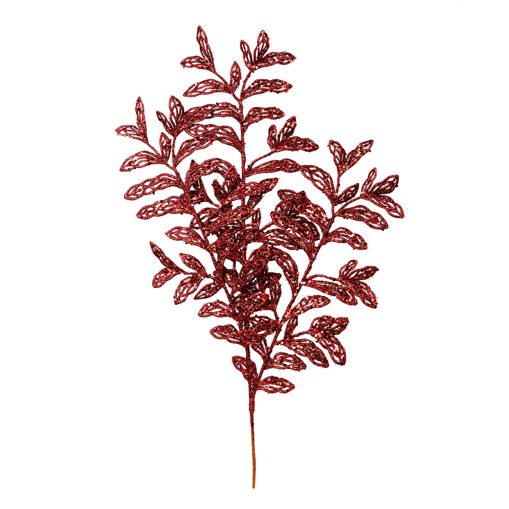 Vickerman 22" Burgundy Bipinnate Glitter Leaf Artificial Christmas Spray. Includes 12 sprays per pack.