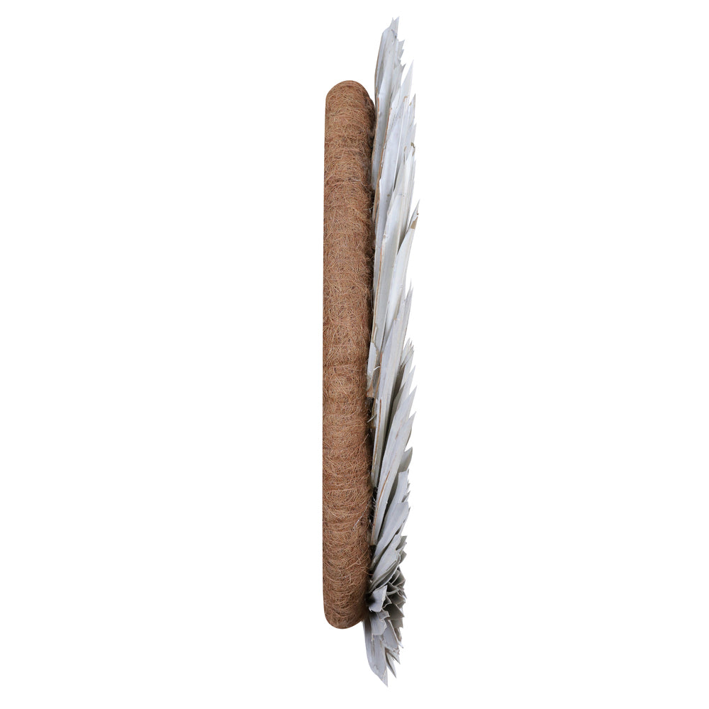 Vickerman Natural Botanicals 24" White Washed Palm Sun Wreath. This wreath measures 24 inches in diameter. It features white washed palm sun leaves on a coco fiber base. This is a dried and preserved natural product.