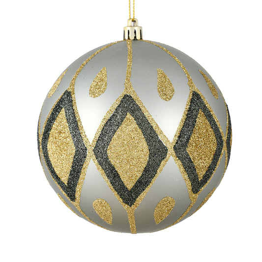 Vickerman 4" Limestone Matte Ball with Glitter Diamond Pattern. Add variety and sparkle to your holiday arrangement with this matte ornament that features a glitter pattern. Includes 4 pieces per bag. Made with shatterproof plastic. Ornament has a drilled