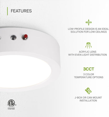 ASD Lighting LED Round Surface Mini Panel 7" 15W 120V CCT Selectable 3000/4000/5000K Dimmable with Battery back-up 6W White ETL