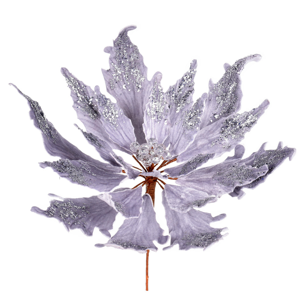 Vickerman 16" x 22" Silver Velvet Sequin Poinsettia Artificial Christmas Pick