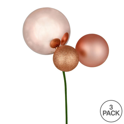 Vickerman 18" Rose Gold Ball Ornament Christmas Pick Set of 3