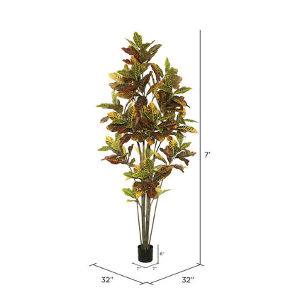 Vickerman 7' Potted Artificial Green and Orange Croton Tree.