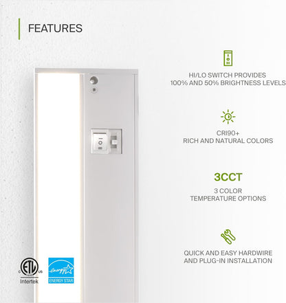 ASD Lighting LED Under Cabinet Linear 40" 20W 120V Dimmable CCT Selectable 2700/3000/4000K Hardwired or Plug-in, Linkable, Hi/Low Switch, White UL