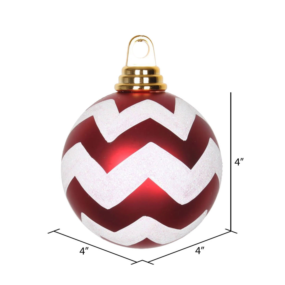 Vickerman 4" Red and White Matte Chevron Ball Christmas Ornament with Glitter Accents 4 per Box