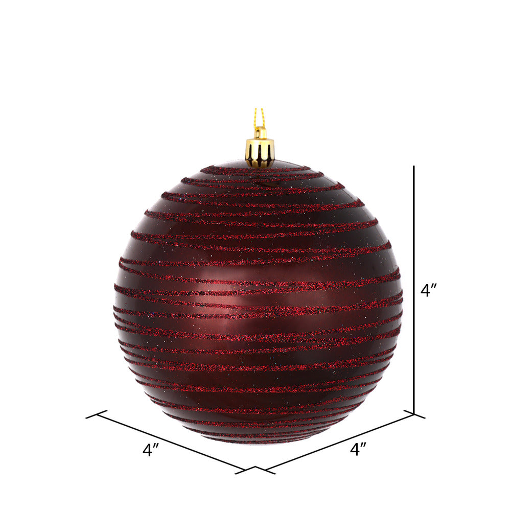 Vickerman 4" Burgundy Candy Finish Ball Ornament with Glitter Lines 4 per Bag