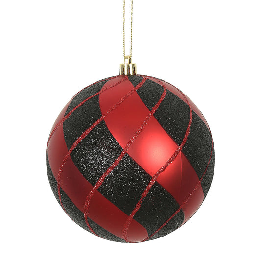 Vickerman 4.75" Red and Black Swirl Plaid Ball Ornament with drilled and wired caps. Comes 4 per Box.