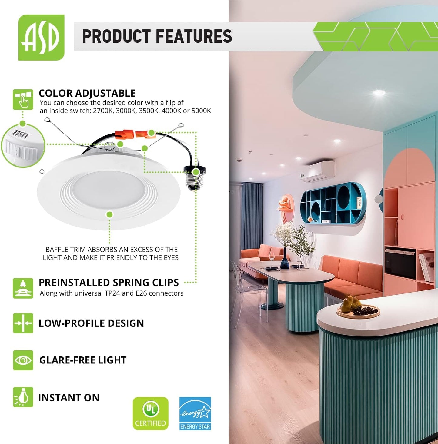 ASD Lighting LED Round Downlight Retrofit Kit 5'' and 6" 12W 120V CCT Selectable 2700/3000/3500/4000/5000K Dimmable PC, Baffle Trim, White UL 12pack