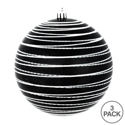 Vickerman 6" Black Candy Finish Ball Ornament with Glitter Lines 3 per Bag