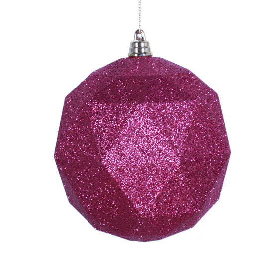 Vickerman 4.75" Fuchsia Geometric Ball Ornament Featuring a Glitter Finish. Comes 4 per bag