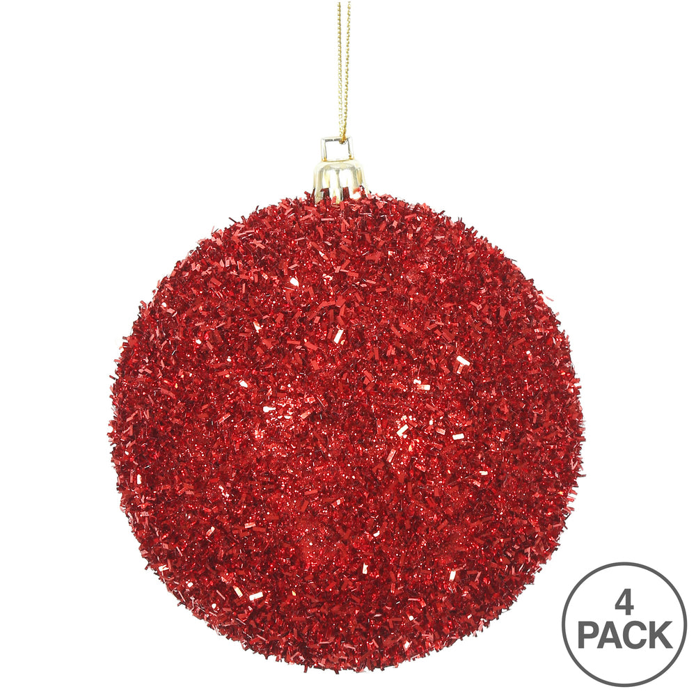 Vickerman 4" Red Tinsel Ball Ornament 4 per Bag