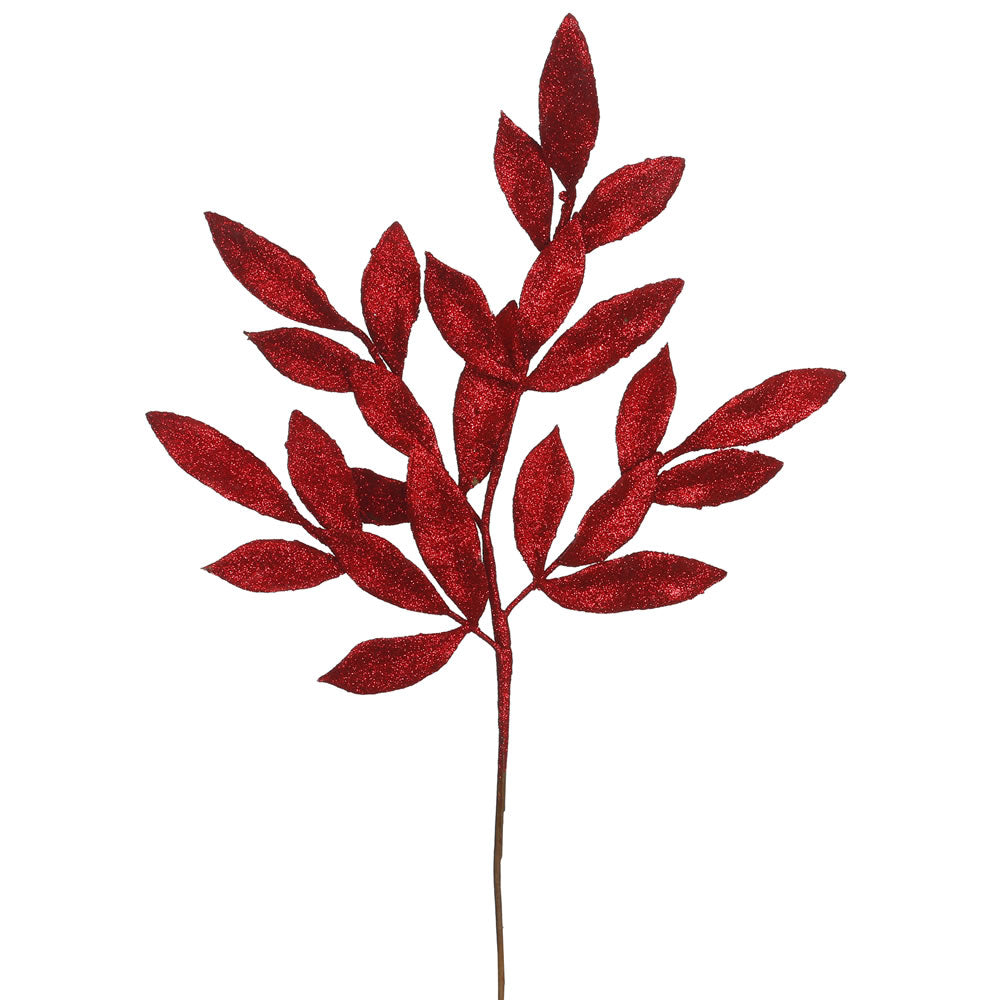 Vickerman 22" Red Glitter BayLeaf Artificial Spray. Includes 12 sprays per pack.