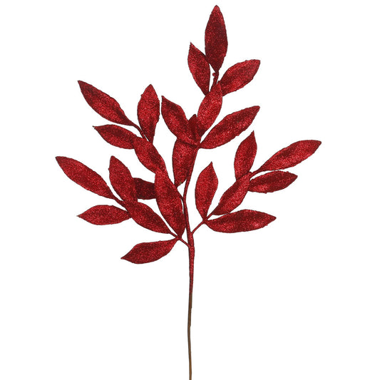 Vickerman 22" Red Glitter BayLeaf Artificial Spray. Includes 12 sprays per pack.