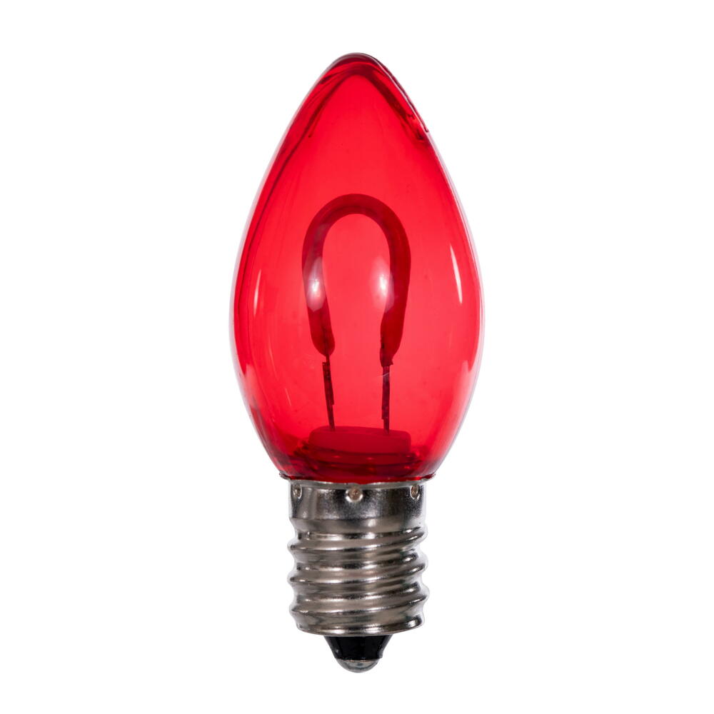 Vickerman C7 Transparent U-Shaped Filament Red Bulb, E12 Base, .6 Watts, 25 Pcs Assorted/Bag.  Colors included are Blue, Red, Green, Purple and Amber.