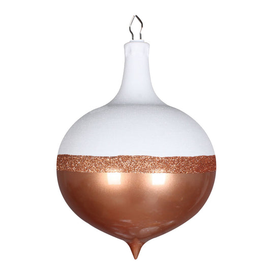 Vickerman 9" Rose Gold Candy/White Glitter Drop Ornament. This ornament features a white glitter top a stripe of rose gold glitter and a candy finish bottom. Made of shatterproof plastic.