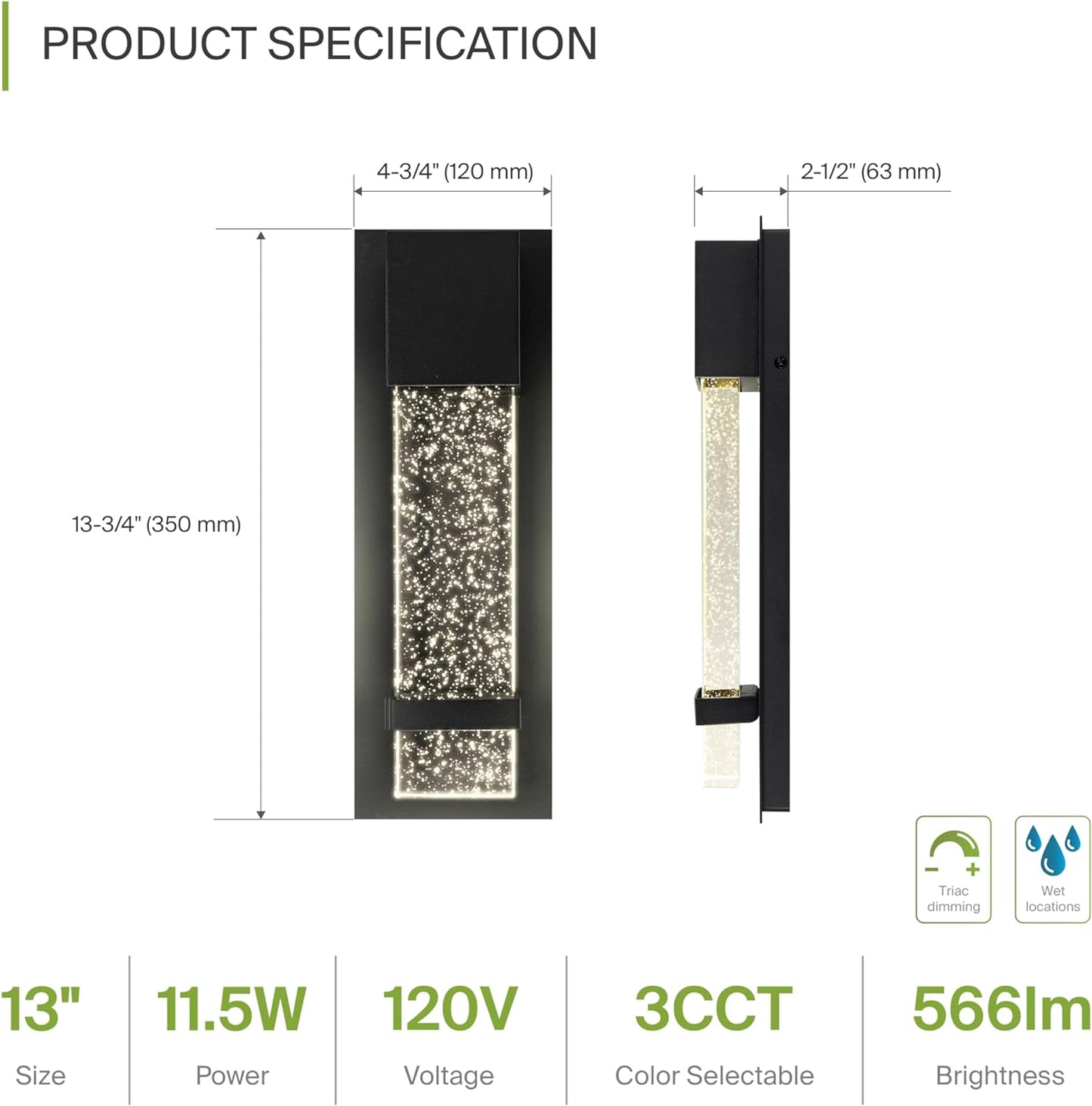 ASD Lighting LED Outdoor Wall Sconce 13" 11.5W CCT Selectable 3000/4000/5000K Dimmable Clear Seeded Glass, Black ETL